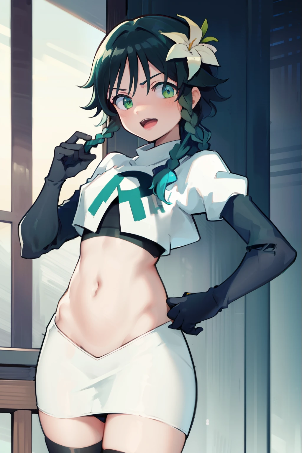 absurdres,venti,1boy, male focus, trap,black hair, green-blue hair, hair braid,hair flower,aqua green eyes,crossdressing,1boy,team rocket,team rocket uniform,white skirt,red letter R,crop top,black thigh-highs,black elbow gloves, laughing,happy, blush