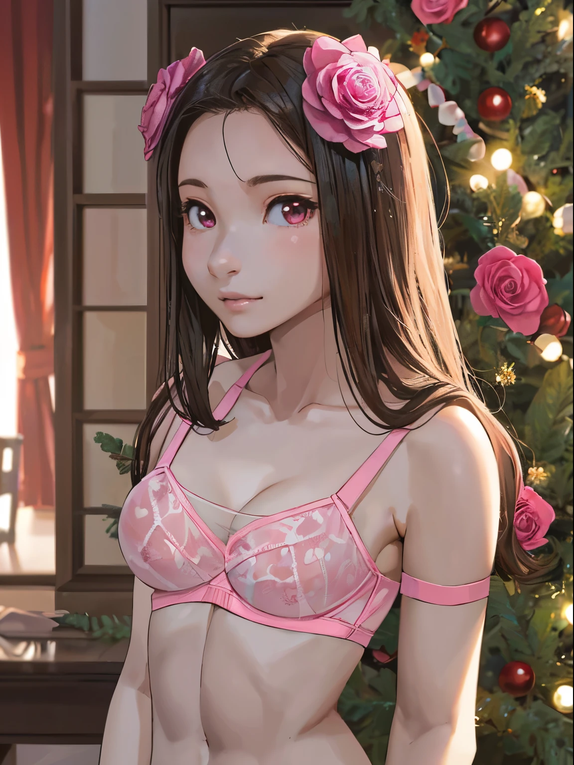 ((2 beautiful girls)), very detailed CG 統合 8k 壁紙, very detailed, High resolution raw color photos, professional photos, realistic portrait, ager, brunette, long hair, (See-through micro micro bra:1.6), (beautiful big breasts), (Pink floral ornament), Pink bedroom,