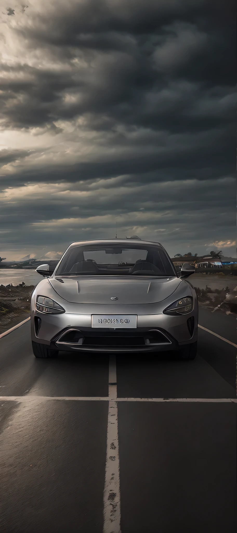 Park on the road near a body of water(silver)Close-up of the car, cinematic front Photo, beauty shoot, front Photo片, front-illuminated, front perspective, Chiba Yudai, Future product automotive photography, concept, gurney with ambient lighting, front Photo, Shot with Sony alpha 9, front Photo片