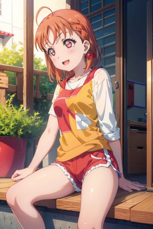 (((pixel perfect, detail perfect))), alone, 1 girl, Chika Takami,Close ~ eyes,open your mouth,smile,Eating a red-orange popsicle,No sleeve,shorts,barefoot、Sitting on the porch