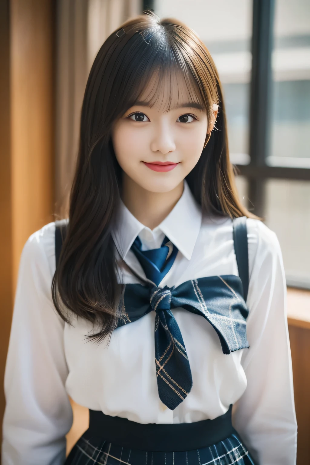 masterpiece，highest quality，official art，High Definition CG Unity 8K Wallpaper High School Girl，very delicate and beautiful，超High resolution，（realistic：1.4），golden hour lighting，（Full body Esbian），In the classroom，（Platinum Short Hair：0.8），（cute eyes），looking at the viewer，facing the front，long hair, 笑face，JK skirt（Plaid），big bust，high school uniform，tie， masterpiece， highest quality， Raw photo， realistic， face， incredibly irrational solution， written boundary depth， High resolution， Super detailed， small details， very detailed， 非常に詳細な目とface， sharp pupils， realisticな生徒， fix sharp focus， cinematic lighting, idol style、very cute:1.2、black haired、bangs、