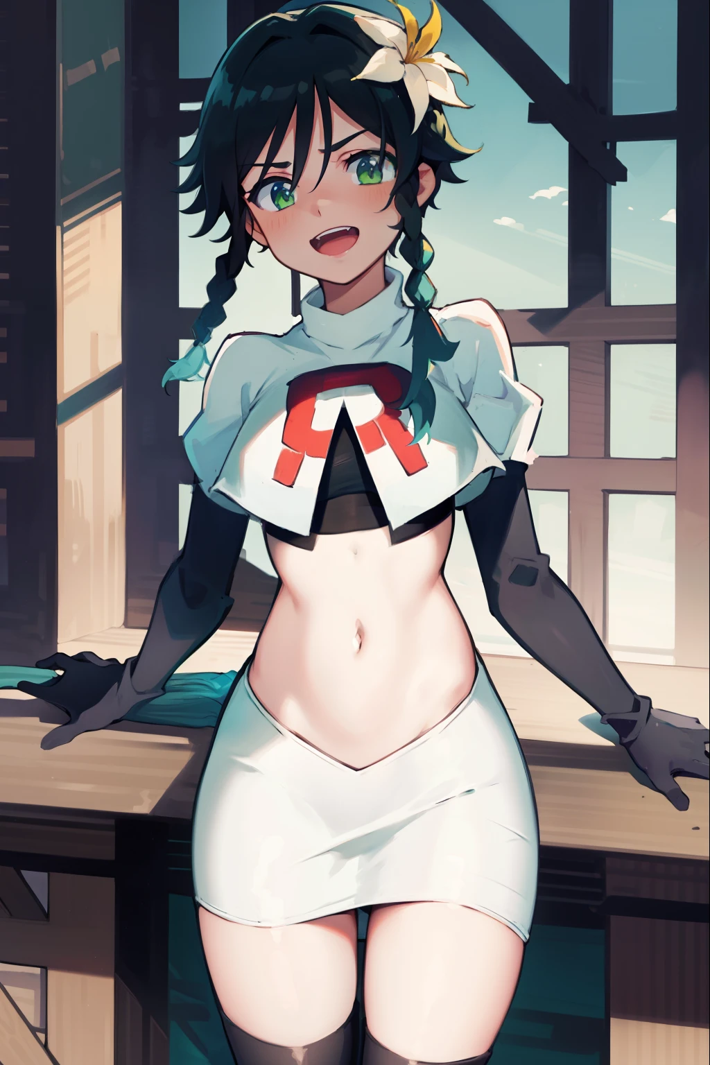 absurdres,venti,1boy, male focus, trap,black hair, green-blue hair, hair braid,hair flower,aqua green eyes,crossdressing,1boy,team rocket,team rocket uniform,white skirt,red letter R,crop top,black thigh-highs,black elbow gloves, laughing,happy, blush