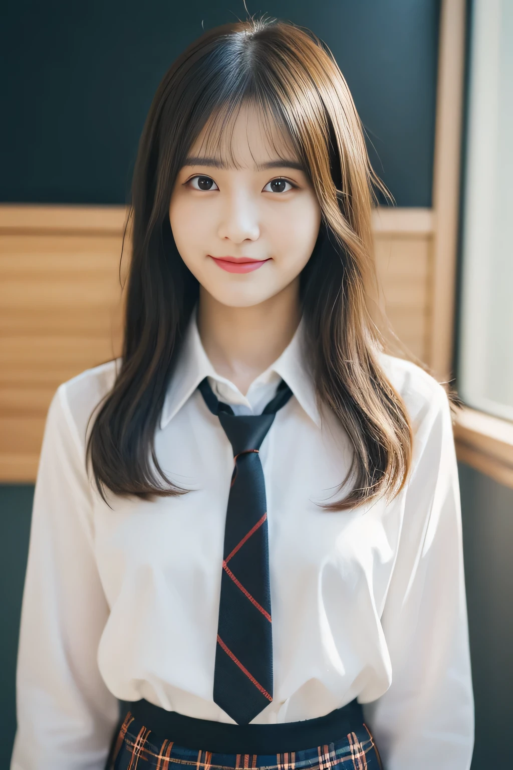 masterpiece,highest quality,official art,High Definition CG Unity 8K Wallpaper High School Girl,very delicate and beautiful,超High resolution,(realistic:1.4),golden hour lighting,(Full body Esbian),In the classroom,(Platinum Short Hair:0.8),(cute eyes),looking at the viewer,facing the front,long hair, 笑face,JK skirt(Plaid),big bust,high school uniform,tie, masterpiece, highest quality, Raw photo, realistic, face, incredibly irrational solution, written boundary depth, High resolution, Super detailed, small details, very detailed, 非常に詳細な目とface, sharp pupils, realisticな生徒, fix sharp focus, cinematic lighting, idol style、very cute:1.2、black haired、bangs、