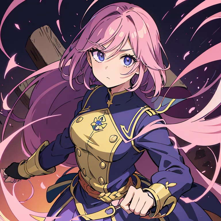 Personagem feminino,cabelo longo,cheio e ondulado de cor castanho escuro, seus olhos castanhos escuro, cor da pele parda, in anime version, de cores das veste, preto e rosa, uma personagem feminina estilo anime com uniforme colegial.