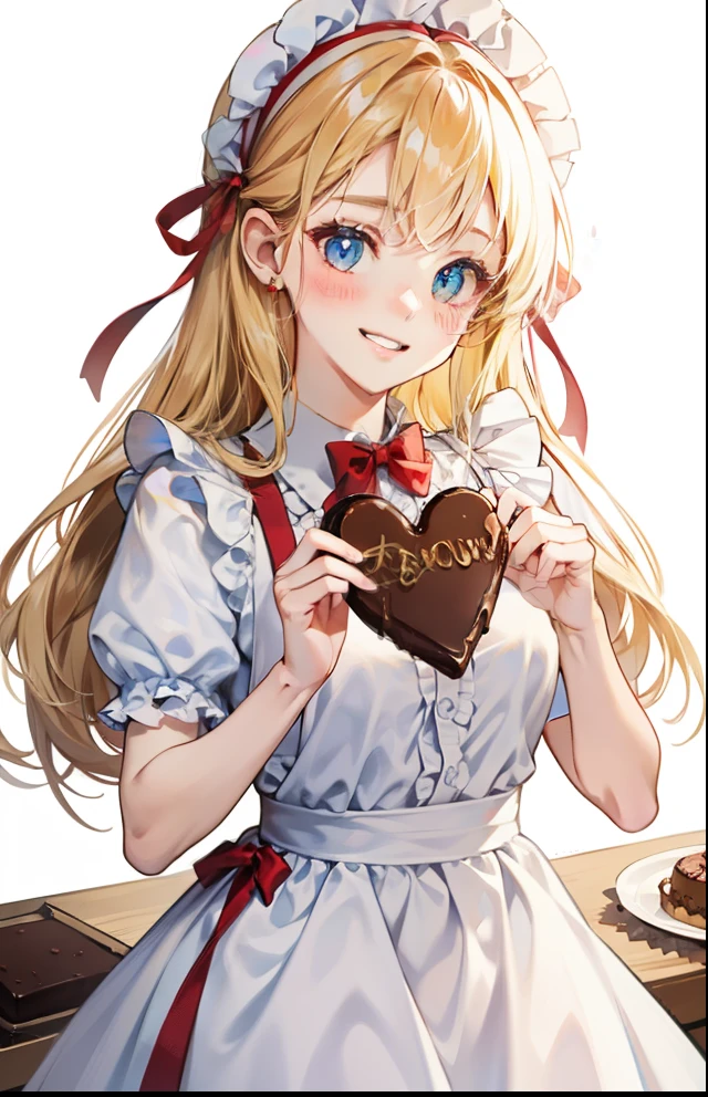 girl、white background、no background、blonde、long hair、Contrasting bangs、white dress、red ribbon、frills、Wearing an apron、Baking、chocolate、Valentine、blush、smile、cute、no background