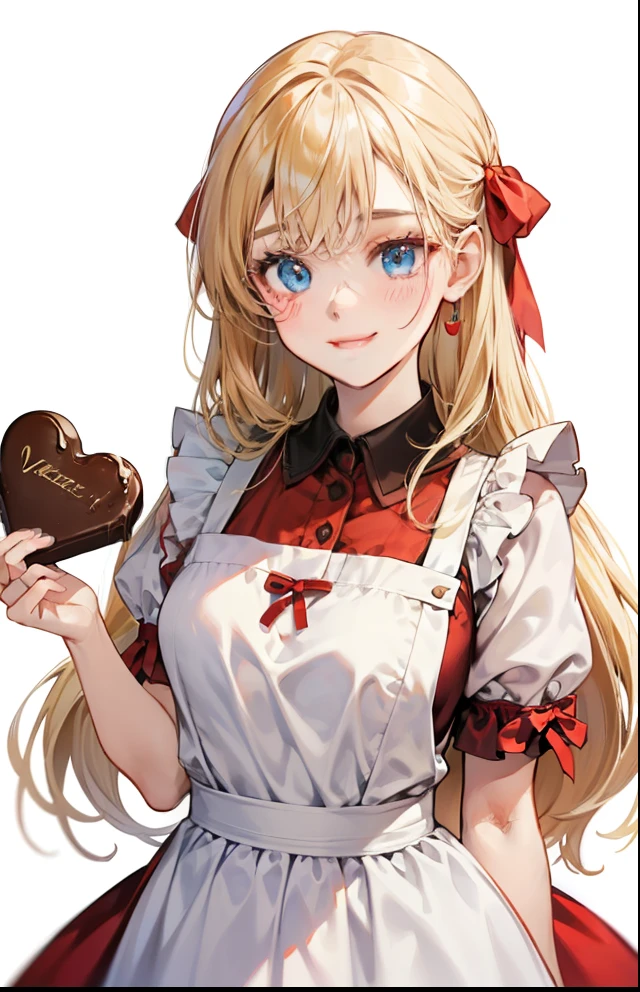 girl、white background、no background、blonde、long hair、Contrasting bangs、white dress、red ribbon、frills、Wearing an apron、Baking、chocolate、Valentine、blush、smile、cute、no background