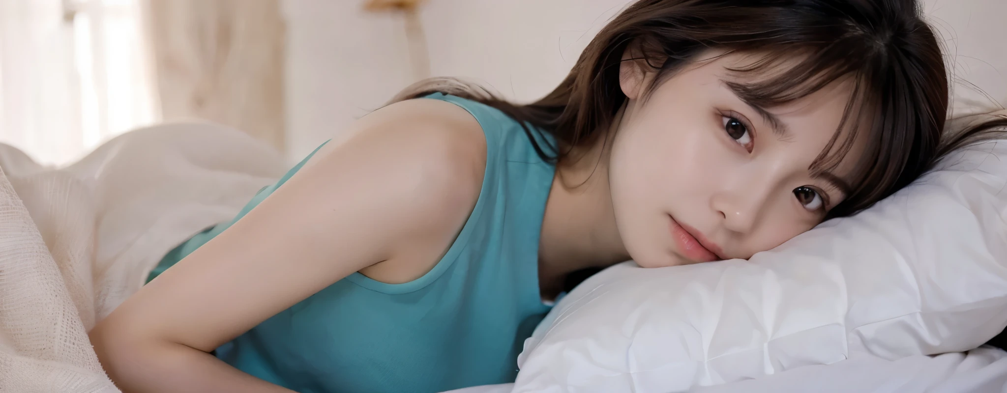 an asian woman with long black hair in jeans and a white t-shirt crying with closed eyes on a bed
