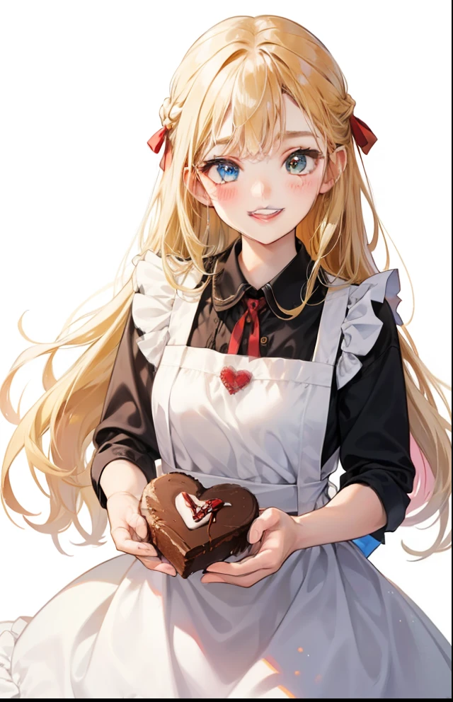 girl、white background、no background、blonde、long hair、Contrasting bangs、white dress、red ribbon、frills、Wearing an apron、Baking、chocolate、Valentine、blush、smile、cute、no background