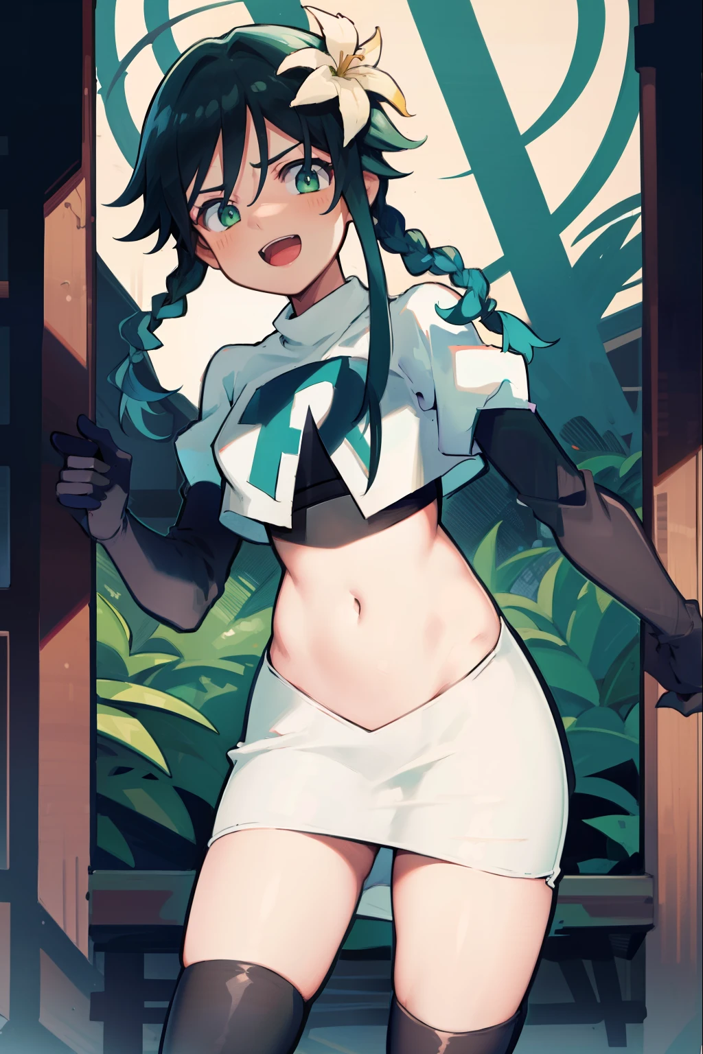 absurdres,venti,1boy, male focus, trap,black hair, green-blue hair, hair braid,hair flower,aqua green eyes,crossdressing,1boy,team rocket,team rocket uniform,white skirt,red letter R,crop top,black thigh-highs,black elbow gloves, laughing,happy, blush