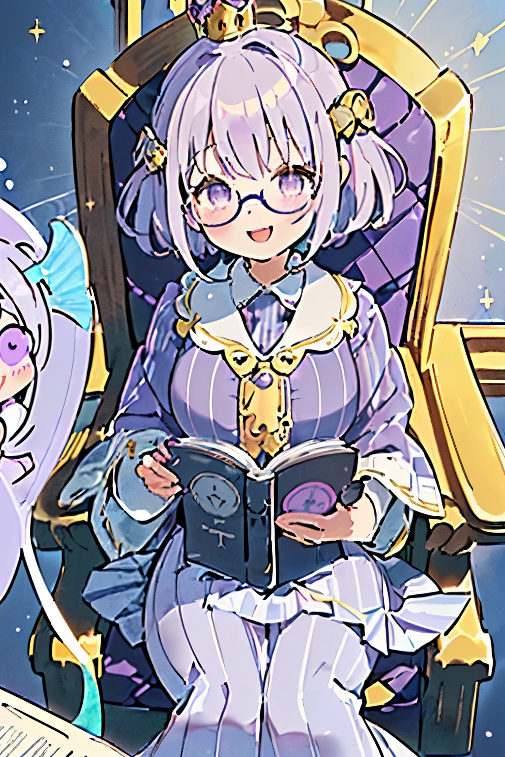 (Chibi:1.15),girl,blush,(swirly hair:1.35),(Fluffy short hair:1.2),(Hair ornament shaped like a bookmark:1.3),(A big smile:1.35),(Light purple heart-like eyes:1.3),(smiling with open mouth:1.25),(An atmosphere like outer space with magazines, manga, and other books flying around.:1.25),(Striped inner shirt with collar:1.4),(gray suit:1.3),(Mermaid skirt:1.3),(Skirt with long hem:1.3),(close-up of a book:1.4),(It feels like the wind is blowing from the front:1.35),(glasses:1.25),(proud smile:1.25),(sitting on a chair with a book in hand:1.3),(luxurious throne-like chair:1.35),(Colorful and cute POP atmosphere:1.2),(big breasts),(kitchen:1.4),(valley:1.4),(purple and white and black and yellow and blue:1.2),(golden crown on the head:1.3),