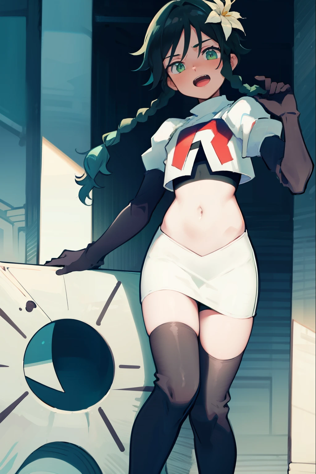 absurdres,venti,1boy, male focus, trap,black hair, green-blue hair, hair braid,hair flower,aqua green eyes,crossdressing,1boy,team rocket,team rocket uniform,white skirt,red letter R,crop top,black thigh-highs,black elbow gloves, laughing,happy, blush