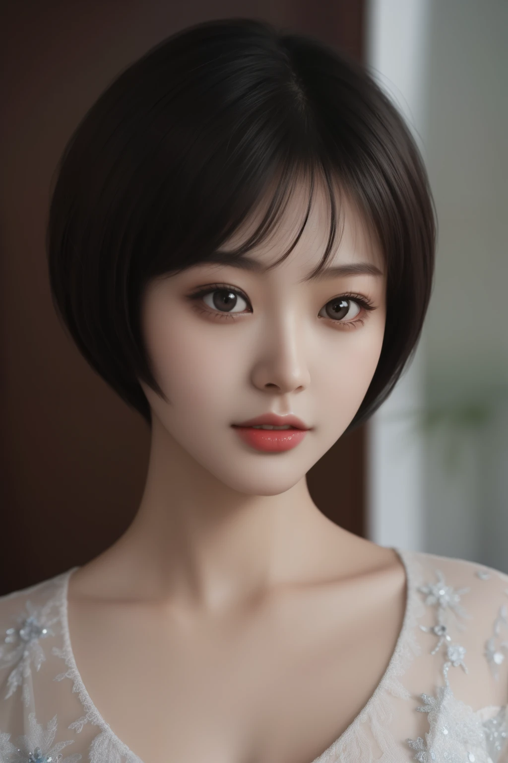 A stunning China Girl with short hair takes center stage in this photorealistic masterpiece captured in exquisite 4K resolution. The close-up shot accentuates every intricate detail of her captivating features, from her enchanting eyes to the delicate contours of her face.