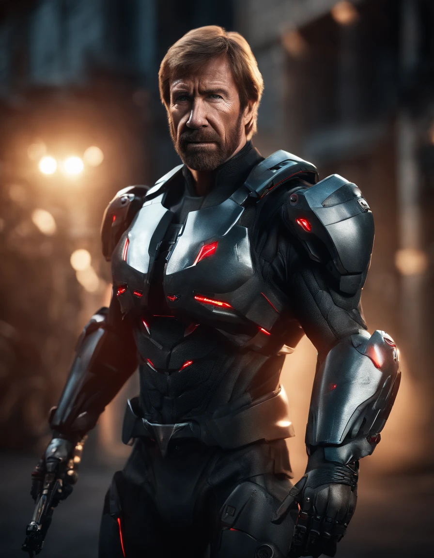 Chuck norris lookalike, ((best quality)), ((masterpiece)), (detailed), Midjourney Style, close-up, man, robot, red eyes, concept art, inspired by Marek Okon, digital art, Crysis Nanosuit, futuristic, (glowing elements:1.1), 4:3 aspect ratio, dynamic duo, upper body