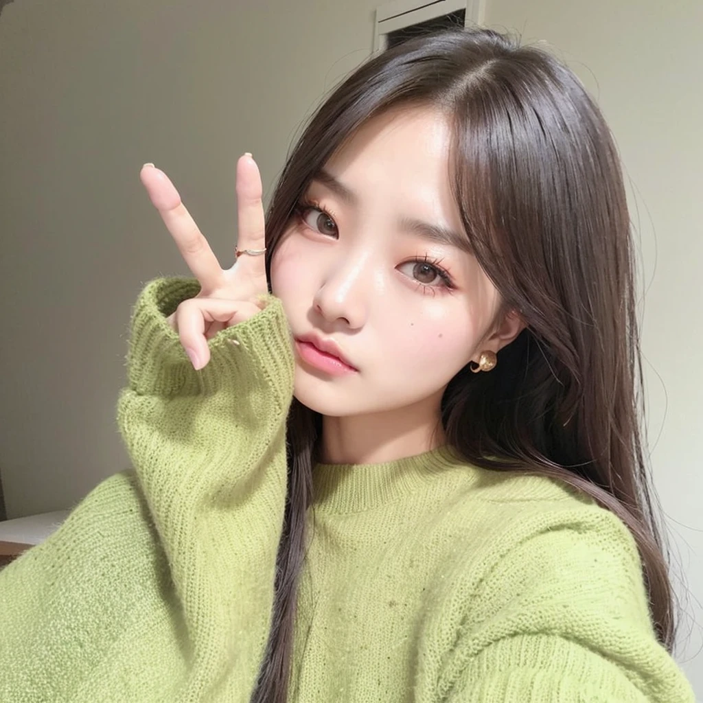 Arafed woman with long hair and a green sweater making a peace sign., ulzzang, Lalisa Manobal, tzuyu de dos veces, aparcar desde-min, Jinyoung Shin, con cara linda - fina, kim doyoung, lee ji-eun, lee ji - eun, jennie rosa negro, blackpink jisoo, Blackpink Rosé