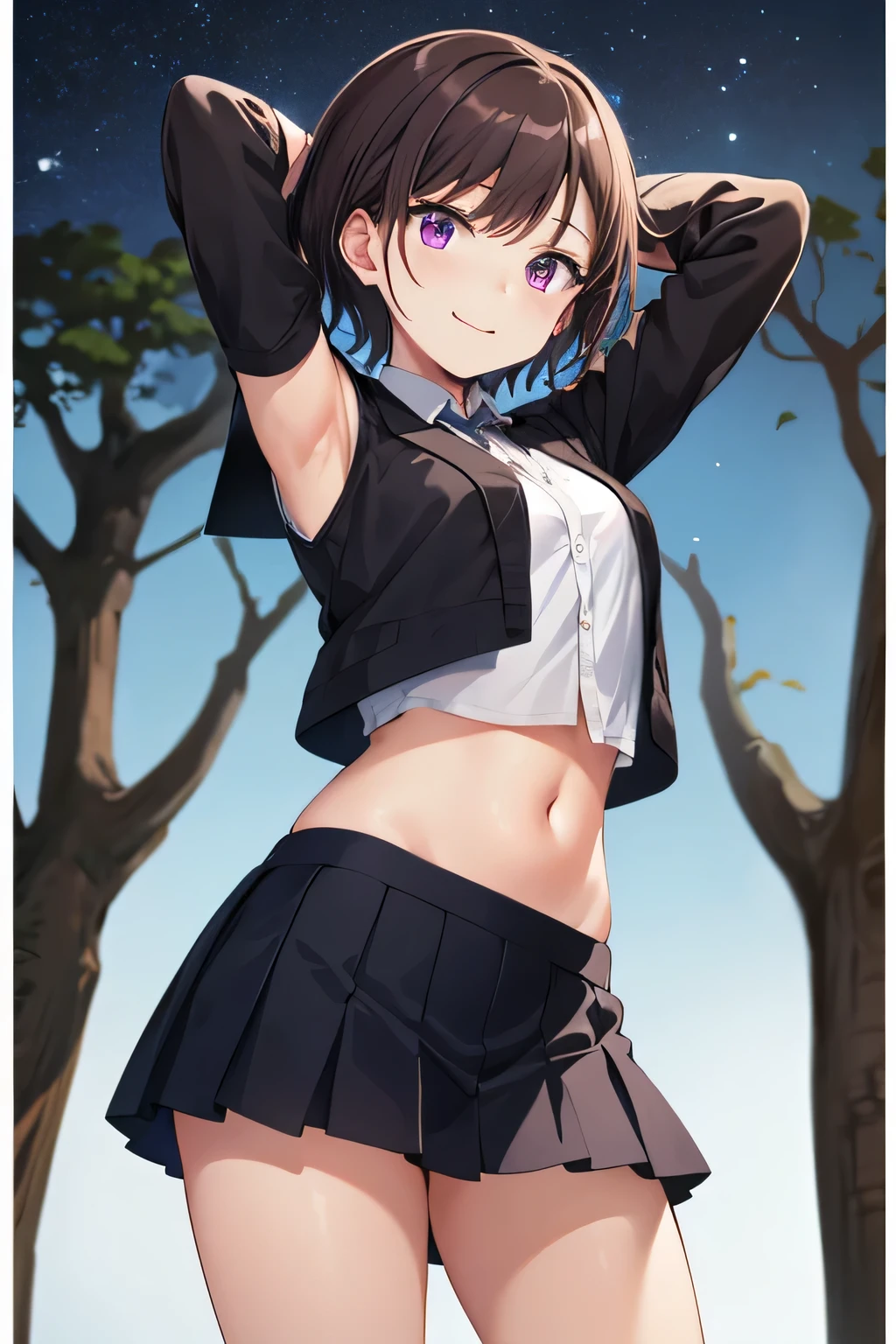 HinataOkanoR4, brown hair, short hair, purple eyes,school uniform, black jacket, white shirt, tie, masterpiece, highres, best quality, closed_mouth, night sky, forest, arms behind head, spread armpits, midriff, contrapposto, cowboy shot, smile,