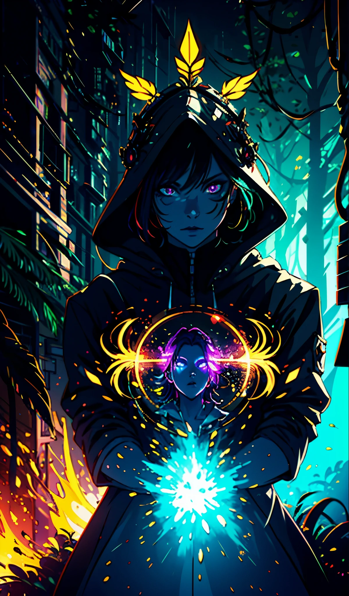 portrait | wide angle shot of eyes off to one side of frame, lucid dream-like woman, looking off in distance ::8 style | daydreampunk with glowing skin and eyes, styled in headdress, beautiful, she is dripping in neon lights, very colorful blue, green, purple, bioluminescent, glowing ::8 background | forest, vivid neon wonderland, particles, blue, green, purple ::7 parameters | rule of thirds, golden ratio, assymetric composition, hyper- maximalist, octane render, photorealism, cinematic realism, unreal engine, 8k