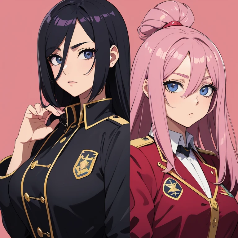 Imagine Personagem feminino,cabelo longo,cheio e ondulado de cor castanho escuro, seus olhos castanhos escuro, cor da pele parda, in anime version, de cores das veste, preto e rosa, uma personagem feminina estilo anime com uniforme colegial.