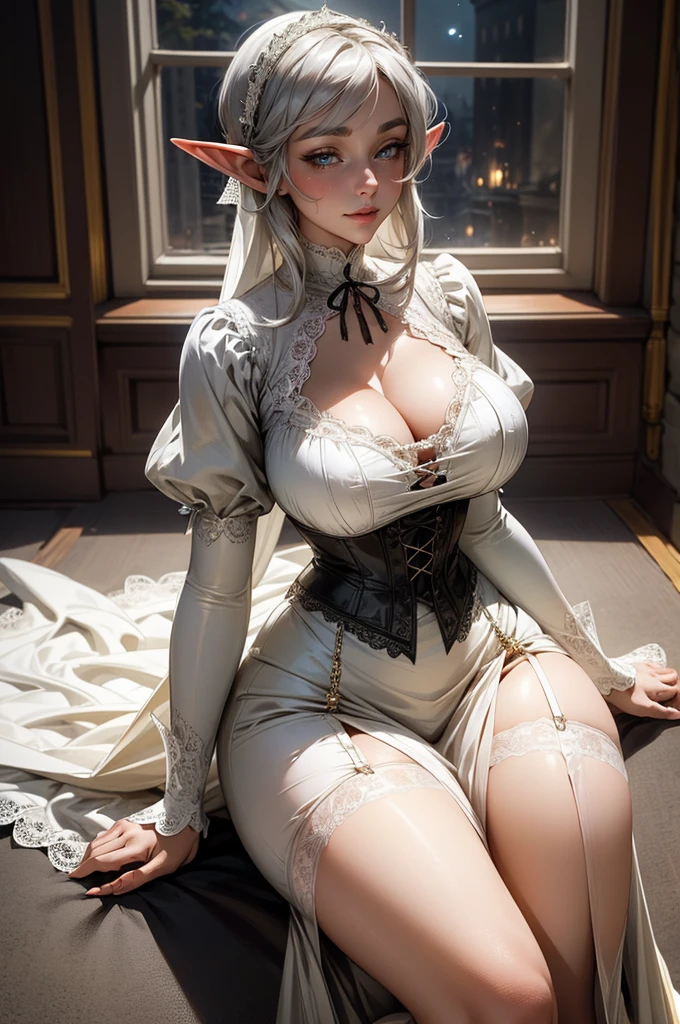 {-erro_de_anatomia:1.0} Moonlit night, sexy elf young victorian girl, very big breasts, white dress, victorian dress, sexy see-through underwear with lace, Beautiful Woman, happy face, gray hair, sitting on the floor,1 girl