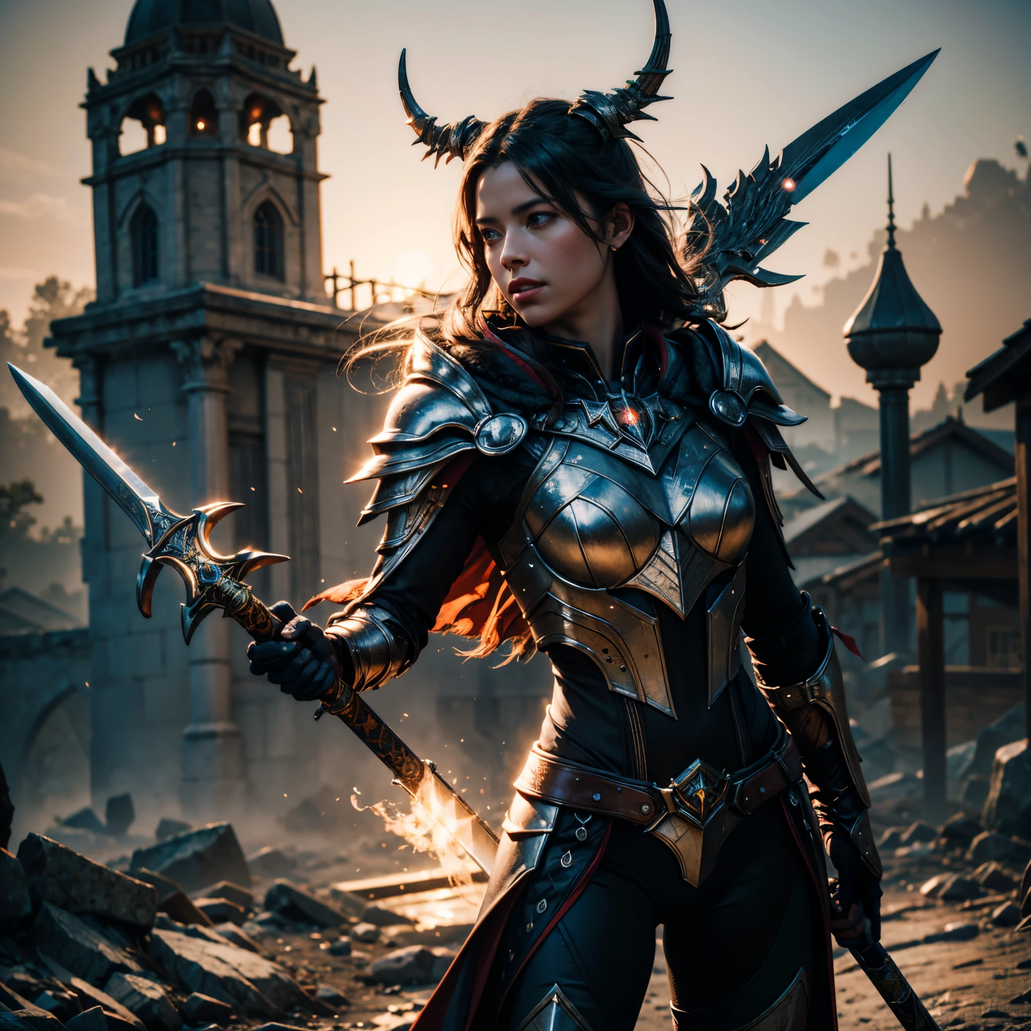 A 16-year-old warrior girl with long, wavy black hair and intense blue eyes that reflect light and dark flames. She has an athletic and toned body, standing 1.75m tall. Wearing a majestic armor made from the remains of the Supreme Dragon God: a helmet with black and gold scales adorned with protective runes, a breastplate that glows with internal light and inscriptions, gauntlets and gloves made from dragon claws that enhance strength, a belt of dragon leather and scales for extra resistance, and reinforced greaves and boots for agility and impact absorption. She wields a longsword made from the dragon's tail, engulfed in dark flames, a bow made from dragon ribs with elemental arrows, and a dagger crafted from the dragon's horn, enchanted with poison magic. The scene is set at sunset on a battlefield, with a sky ablaze in orange and red hues
```