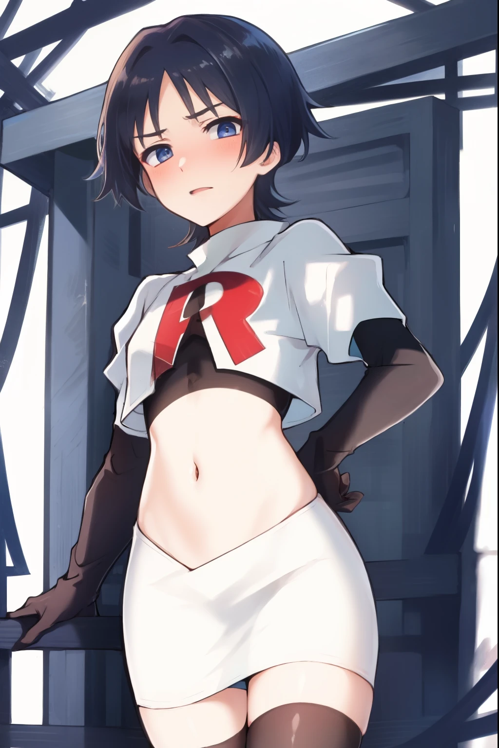 absurdres,masterpiece, trap, best quality, highres, high quality, 1boy, solo, male focus, hair, crossdressing,1boy,team rocket,team rocket uniform,white skirt,red letter R,crop top,black thigh-highs,black elbow gloves, embarrassed, blush