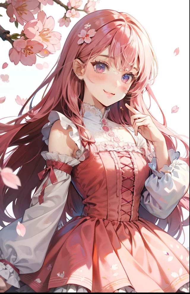 girl、white background、no background、pink hair、long hair、Contrasting bangs、Pink Floral Dress、ribbon、frills、cherry blossoms、April、blush、smile、cute、no background