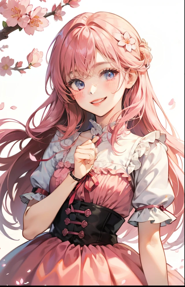 girl、white background、no background、pink hair、long hair、Contrasting bangs、Pink Floral Dress、ribbon、frills、cherry blossoms、April、blush、smile、cute、no background