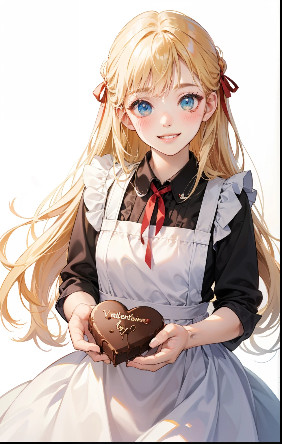 girl、white background、no background、blonde、long hair、Contrasting bangs、white dress、red ribbon、frills、Wearing an apron、Baking、chocolate、Valentine、blush、smile、cute、no background