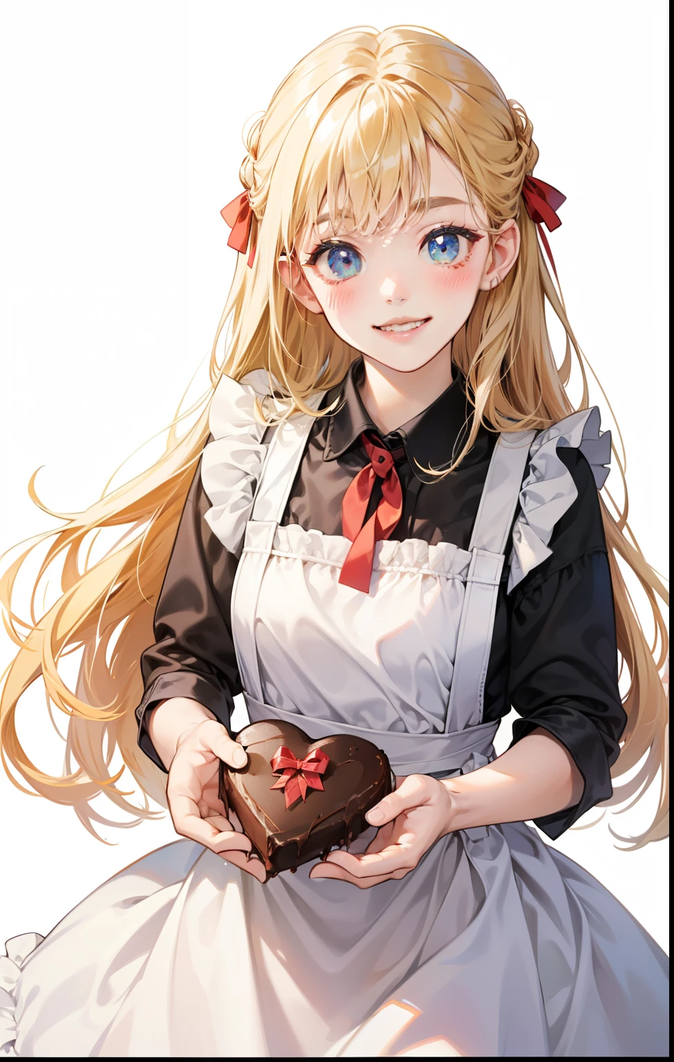 girl、white background、no background、blonde、long hair、Contrasting bangs、white dress、red ribbon、frills、Wearing an apron、Baking、chocolate、Valentine、blush、smile、cute、no background