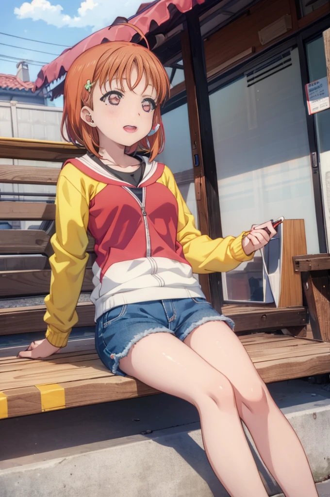 (((pixel perfect, detail perfect))), alone, 1 girl, Chika Takami,Close ~ eyes,open your mouth,smile,Holding a red-orange popsicle in his left hand and eating it.,No sleeve,shorts,barefoot、Sitting on the porch