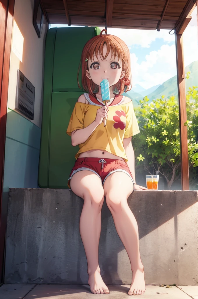 (((pixel perfect, detail perfect))), alone, 1 girl, Chika Takami,Close ~ eyes,open your mouth,smile,Holding a red-orange popsicle in his left hand and eating it.,No sleeve,shorts,barefoot、Sitting on the porch