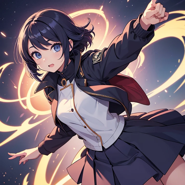  Personagem feminino,cabelo longo,cheio e ondulado de cor castanho escuro, seus olhos castanhos escuro, cor da pele parda, in anime version, de cores das veste, preto e rosa,  uma personagem feminina estilo anime com uniforme colegial..