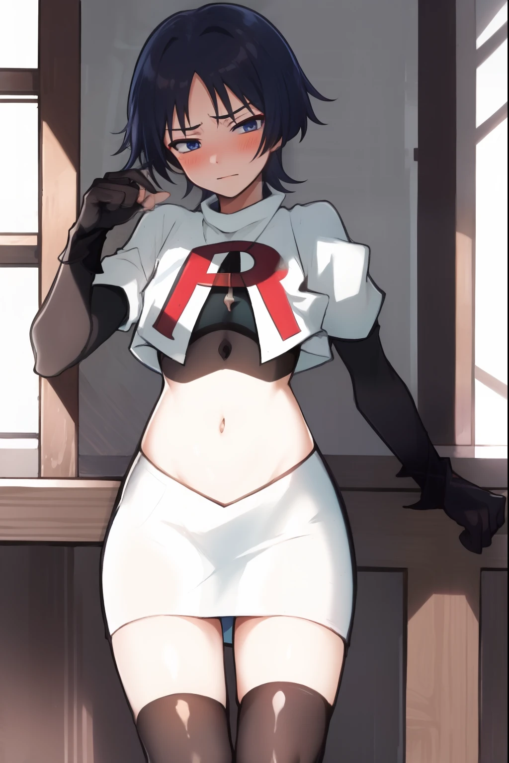 absurdres,masterpiece, trap, best quality, highres, high quality, 1boy, solo, male focus, hair, crossdressing,1boy,team rocket,team rocket uniform,white skirt,red letter R,crop top,black thigh-highs,black elbow gloves, embarrassed, blush
