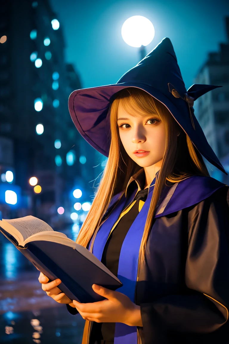 dark magician girl, masterpiece, highest quality, (1 girl), alone, (water), long hair, blonde hair, blue hat, wizard hat, Spell casting, city, city:2, motion blur, Book, magic, (moonlight:1.2), chromatic aberration, Depth of bounds written, soft lighting, highly detailed face, highly detailed eyes, 