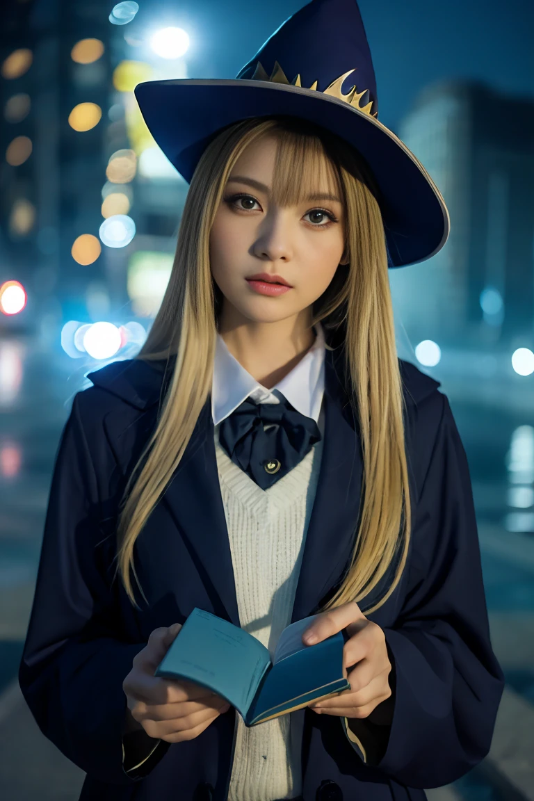 dark magician girl, masterpiece, highest quality, (1 girl), alone, (water), long hair, blonde hair, blue hat, wizard hat, Spell casting, city, city:2, motion blur, Book, magic, (moonlight:1.2), chromatic aberration, Depth of bounds written, soft lighting, highly detailed face, highly detailed eyes, 
