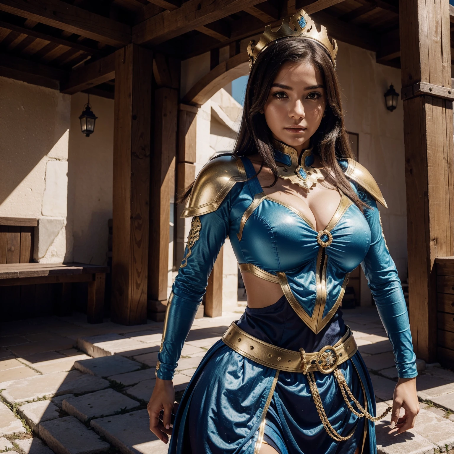 (8k、maximum quality、obra-prima:1.2) Delza woman standing, looking directly at the camera, uma linda mulher utilizando armadura com (medieval bra style armor vest) fitness, com (bordados de ouro), e uma azul (medieval armor style Short Plastic and Plastic futuristic blue, Bordado Dourado, futurista), has medium white breasts with (pequenos detalhes nos bordados de ouro), cabelos muitos longos e brancos, on his head a golden crown