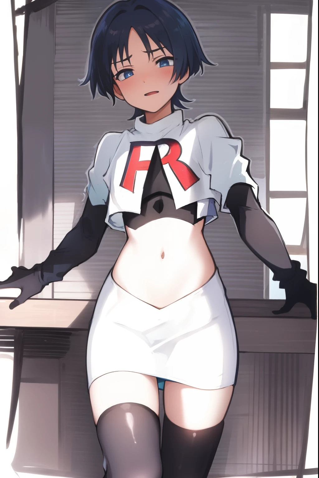 absurdres,masterpiece, trap, best quality, highres, high quality, 1boy, solo, male focus, hair, crossdressing,1boy,team rocket,team rocket uniform,white skirt,red letter R,crop top,black thigh-highs,black elbow gloves, embarrassed, blush