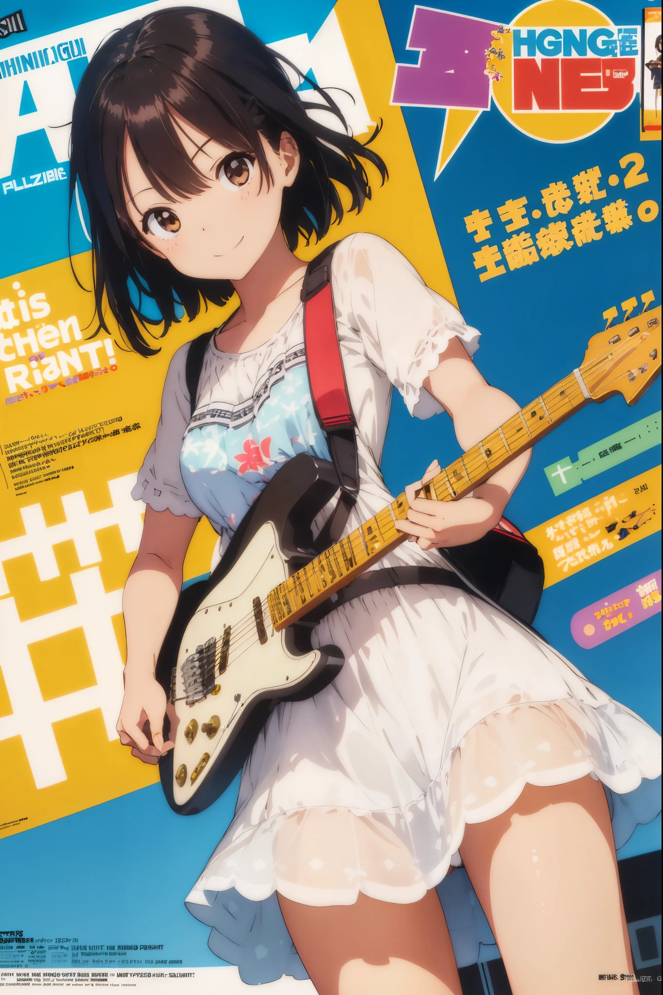 1 girl, panties, pantsu, summer dress, smile, (play electric guitar), ((electric guitar in hands)), colorful, Best Shadows, (Highest Quality, Amazing Details:1.25), ((magazine cover)), magazine title, text,