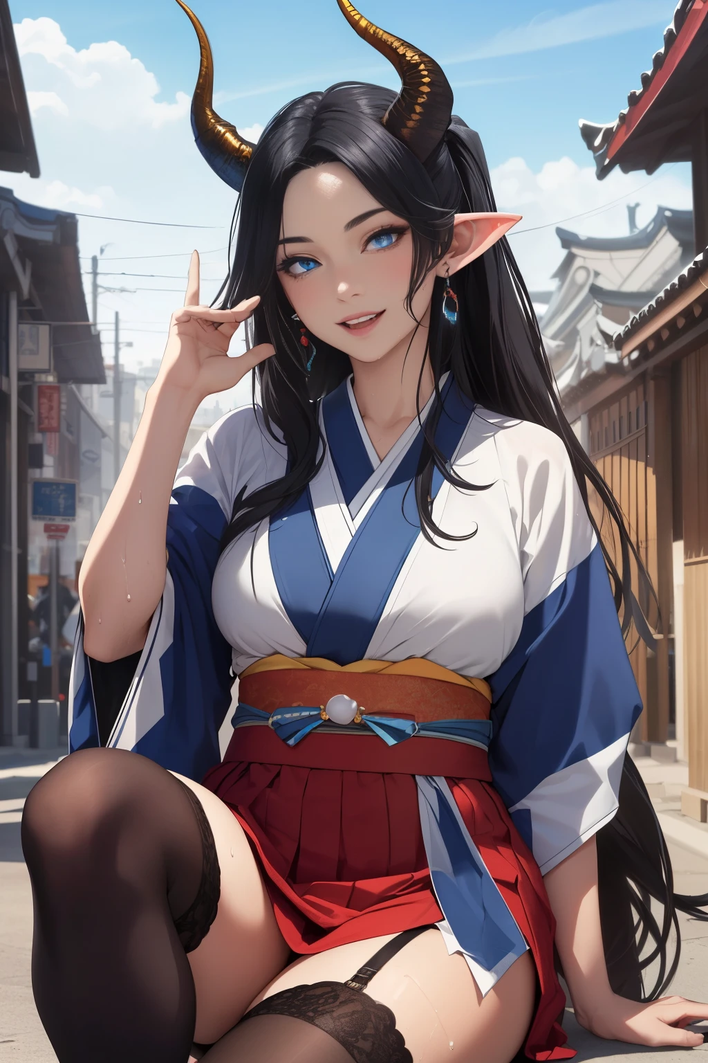 (best quality, 4k, 8k, highres, masterpiece:1.2), ultra-detailed, detailed face, (realistic,photorealistic,photo-realistic:1.37), professional. BREAK Lotan beautiful caucasian woman with straight long black hair, blue eyes, very long hair, fair skin and dragon horns on the head. BREAK (black hair:1.5), (blue eyes:1.5), (very long hair:1.2), (fair skin:1.5), voluptuous, detailed lips and eyes, expressive face, (attractive appearance), (dragon horns:1.5), (human ears:1.5), smiling, open mouth, bright smile, (((high quality hand))), ((shinto kimono)), (bishoujo:1.2), (pixiv:1.3), adult, big round eyes, blushing, breathtaking, cheerful, cloudy weather, cityscape, dark red skirt, day time, detailed clothes, five fingers, garter belt, happy, perfect skin, ponytail, pretty face, ray tracing, sexy, sideboob, sitting, stockings, textured skin, tight clothing, vibrant blue eyes, waving with one hand, wet clothing, wet skin, white bow in hair, white top,