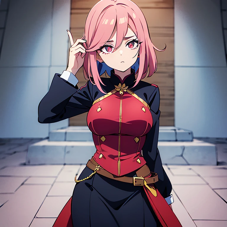  Personagem feminino,cabelo longo,cheio e ondulado de cor castanho escuro, seus olhos castanhos escuro, cor da pele parda, in anime version, de cores das veste, preto e rosa,  uma personagem feminina estilo anime com uniforme colegial.