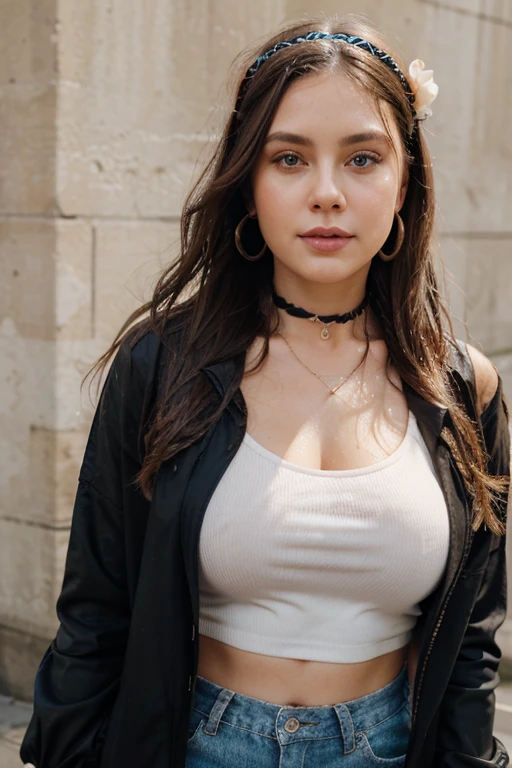 Chloe Hart chubby brunette very long wet hair dimples flower hairband earrings bangles choker casual wear