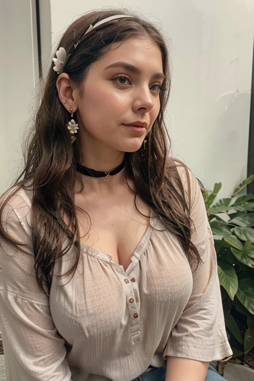 Chloe Hart chubby brunette very long wet hair dimples flower hairband earrings bangles choker casual wear