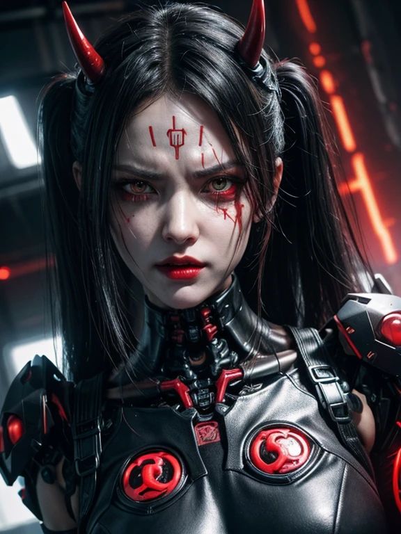 Extreme close up, Portrait of a cyberpunk machine, Demon Girl, cyborg with an angry expression, said:“The devil can get you through your flesh. He knows the button to press on your flesh and have a way into your mind. The flesh becomes a transport medium for evil things if not killed for God. If Christ makes a home in your mind, satan can't get there.”(realistic face details), (Dynamic poses:1.4),
