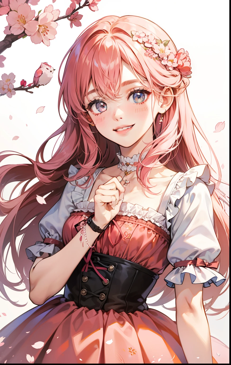 girl、white background、no background、pink hair、long hair、Contrasting bangs、Pink Floral Dress、ribbon、frills、cherry blossoms、April、blush、smile、cute、no background
