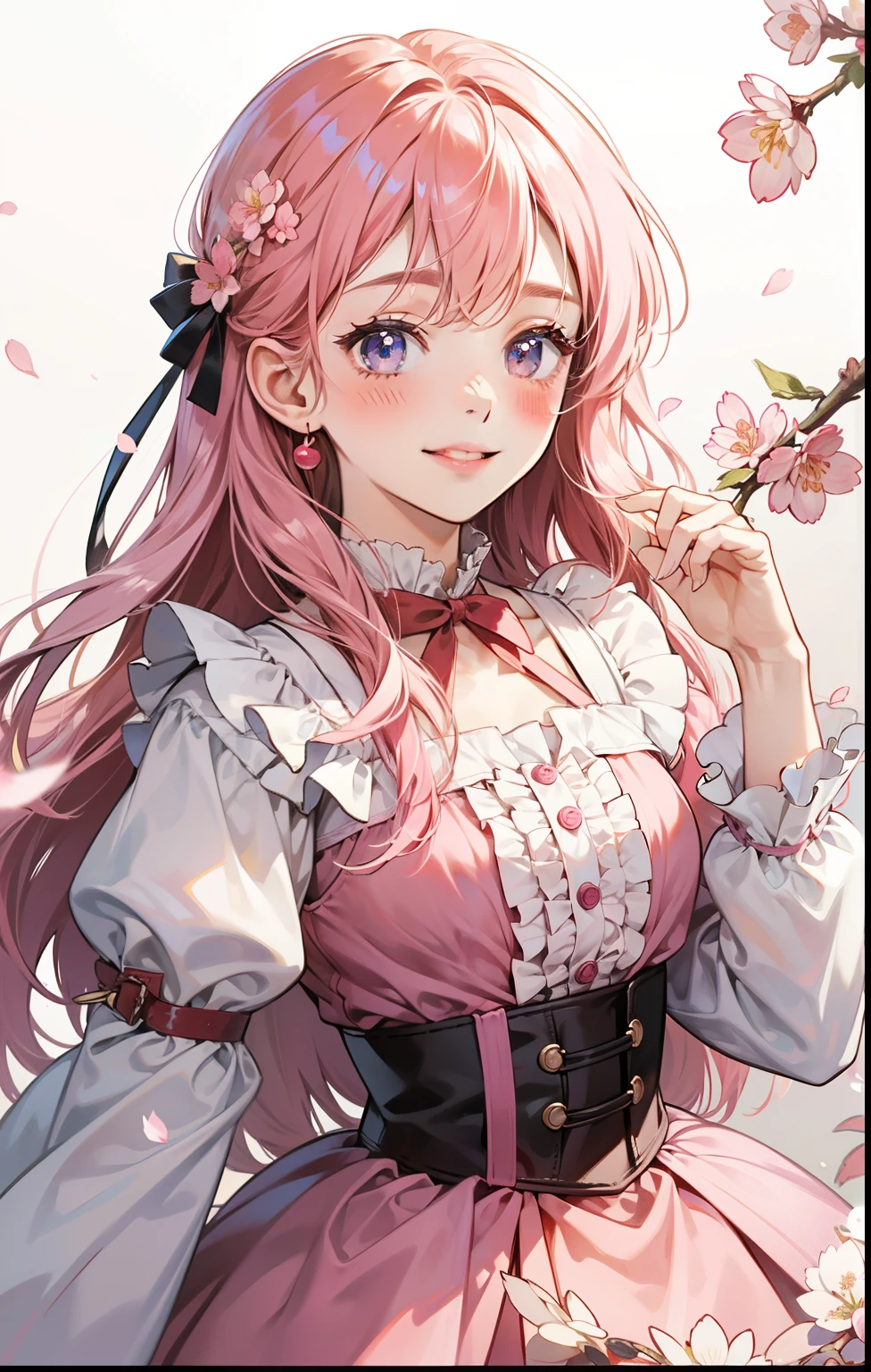 girl、white background、no background、pink hair、long hair、Contrasting bangs、Pink Floral Dress、ribbon、frills、cherry blossoms、April、blush、smile、cute、no background