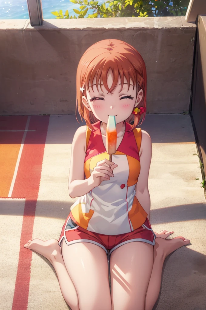 (((pixel perfect, Perfection in every detail))), alone, 1 girl, Chika Takami,Smile with eyes closed,Holding a red-orange popsicle in your left hand、eat it.,sleeveless,shorts,barefoot、Sitting on the veranda