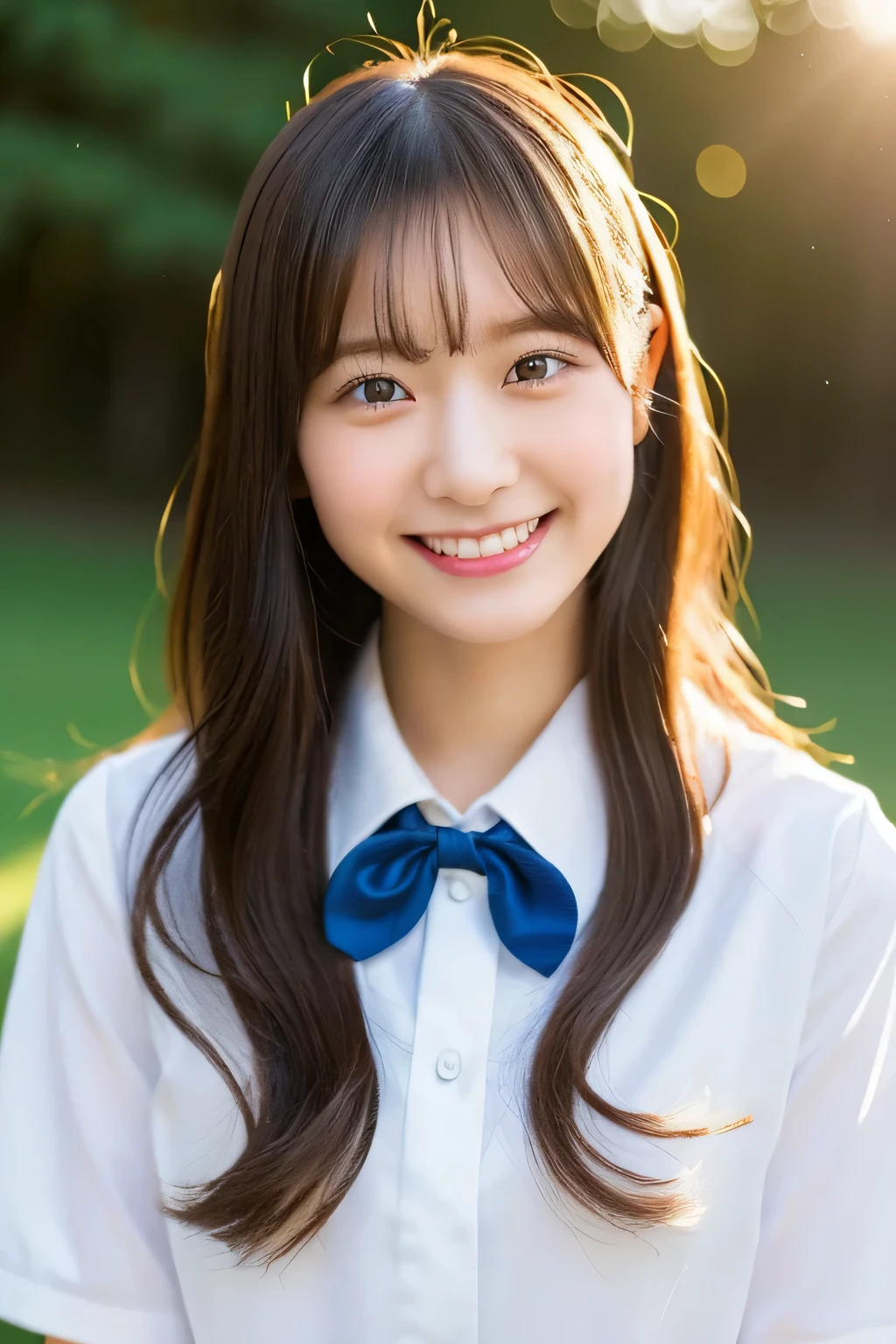 (highest quality, 8K, 32K, masterpiece, UHD:1.2),hyper detail hair,かわいいjapanese girlの写真,1 girl,18-year-old,japanese girl,(young:1.5),school uniform,white shirt,bow tie, (Please think back:1.2), evening, sunburst, ((smile:1.2)),