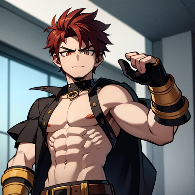 Anime style image of a muscular boy holding a black dagger 