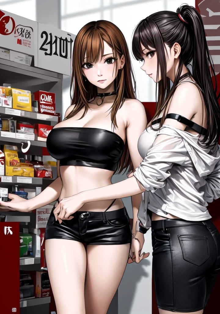 A beautiful adult woman with shoulder-length big breasts, beautiful legs, and a sharp face is standing with a middle-aged man working at a supermarket in a black tube top that exposes her navel and black hot pants that look like panties.。