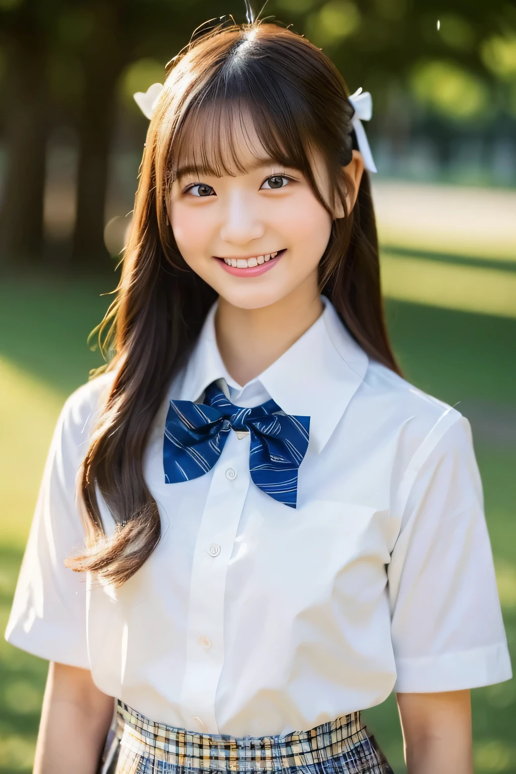 (highest quality, 8K, 32K, masterpiece, UHD:1.2),hyper detail hair,かわいいjapanese girlの写真,1 girl,18-year-old,japanese girl,(young:1.5),school uniform,white shirt,bow tie, (Please think back:1.2), evening, sunburst, ((smile:1.2)),