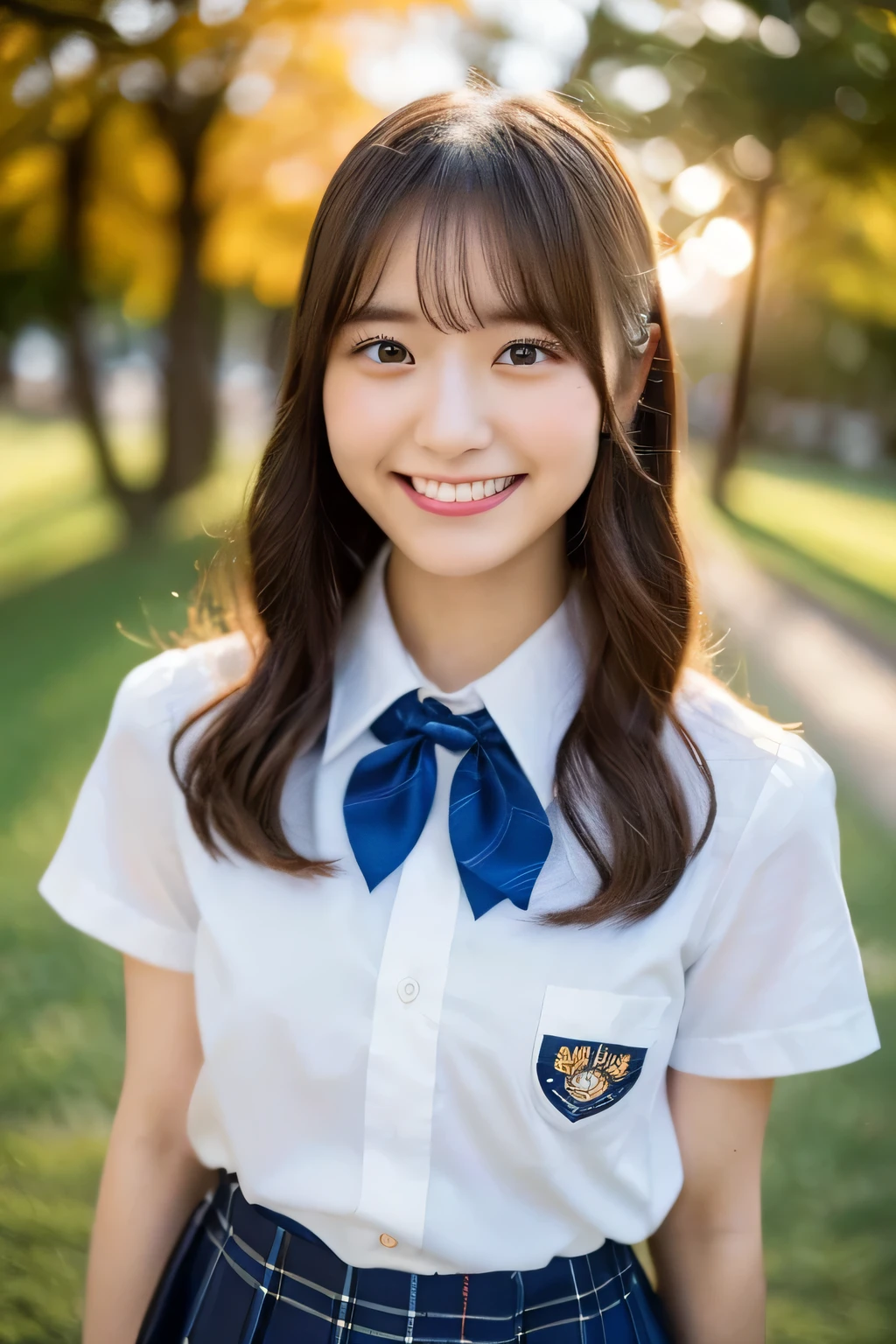 (highest quality, 8K, 32K, masterpiece, UHD:1.2),hyper detail hair,かわいいjapanese girlの写真,1 girl,18-year-old,japanese girl,(young:1.5),school uniform,white shirt,bow tie, (Please think back:1.2), evening, sunburst, ((smile:1.2)),